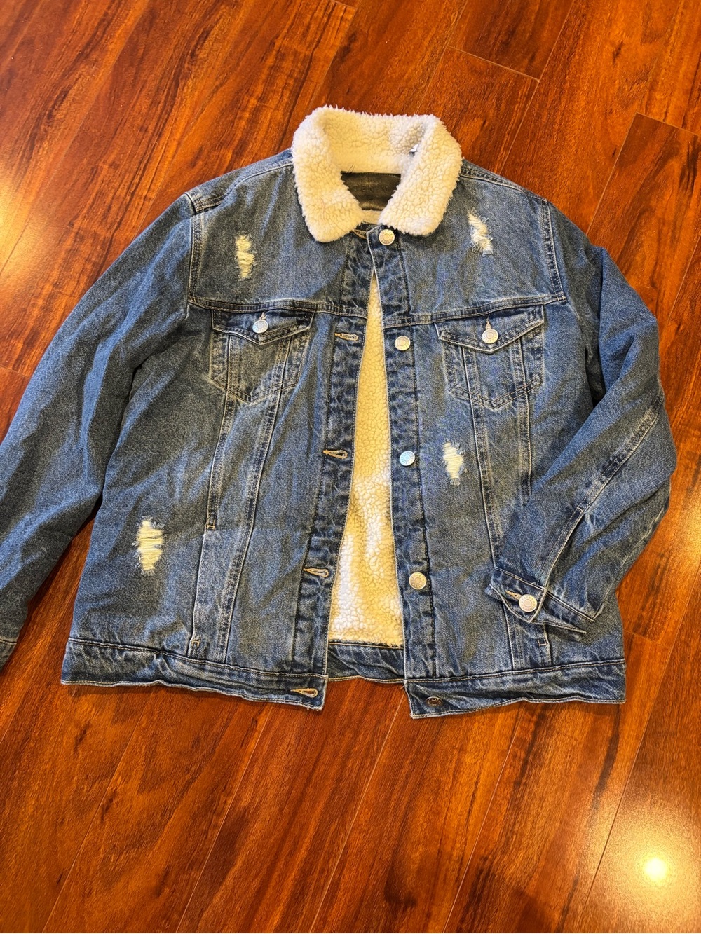 refuge Blue Distressed Sherpa-Lined Denim Jacket